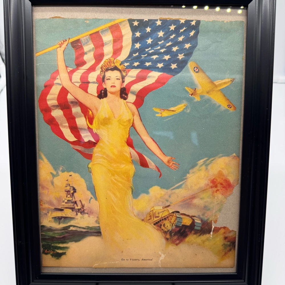1944 WWII Patriotic Lady Liberty Dillon Framed Americana Victory Art